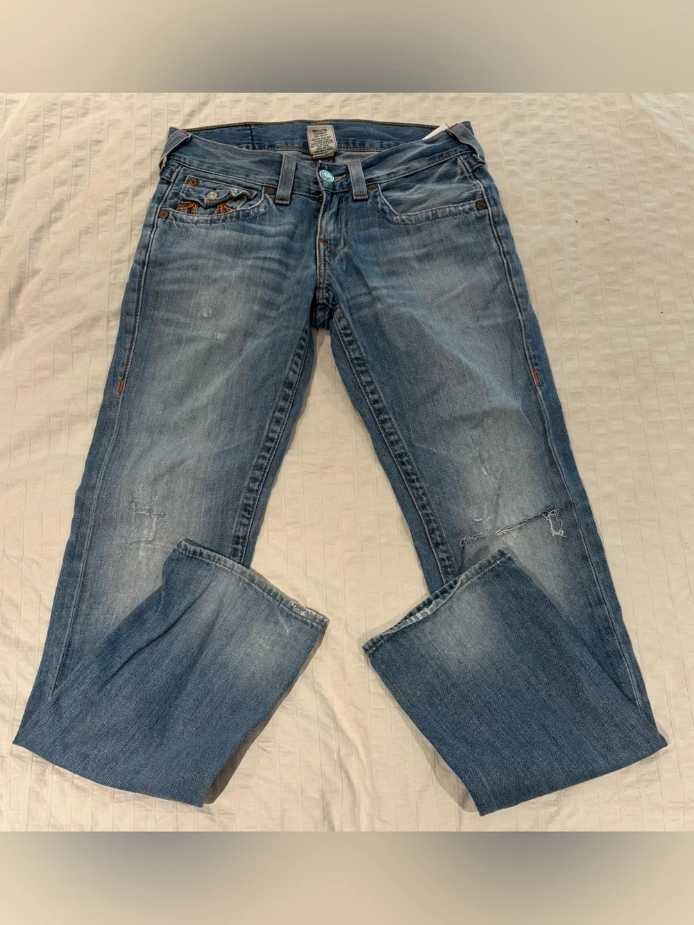 TRUE RELIGION JOEY RAINBOW STITCH Straight Leg Distressed Jeans Women’s SZ 28/31 - Picture 2 of 5